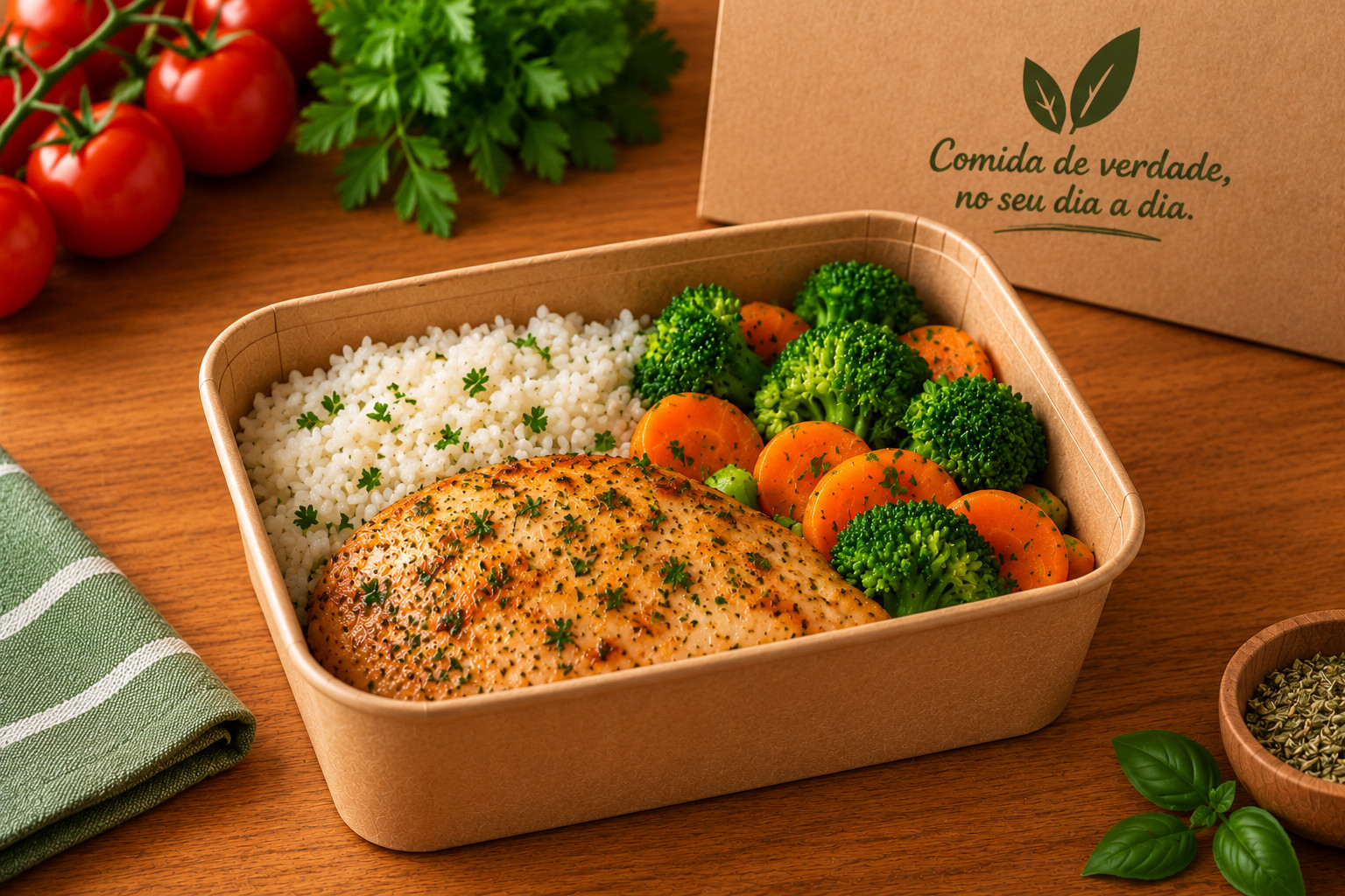 Marmita individual da Nôva com frango grelhado, arroz, brócolis e cenoura, sobre mesa de madeira com caixa kraft ao fundo