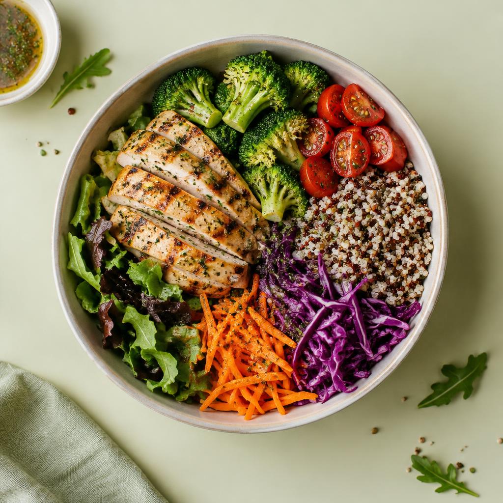 Bowl saudável com frango grelhado, brócolis, tomates, quinoa, repolho roxo e cenoura
